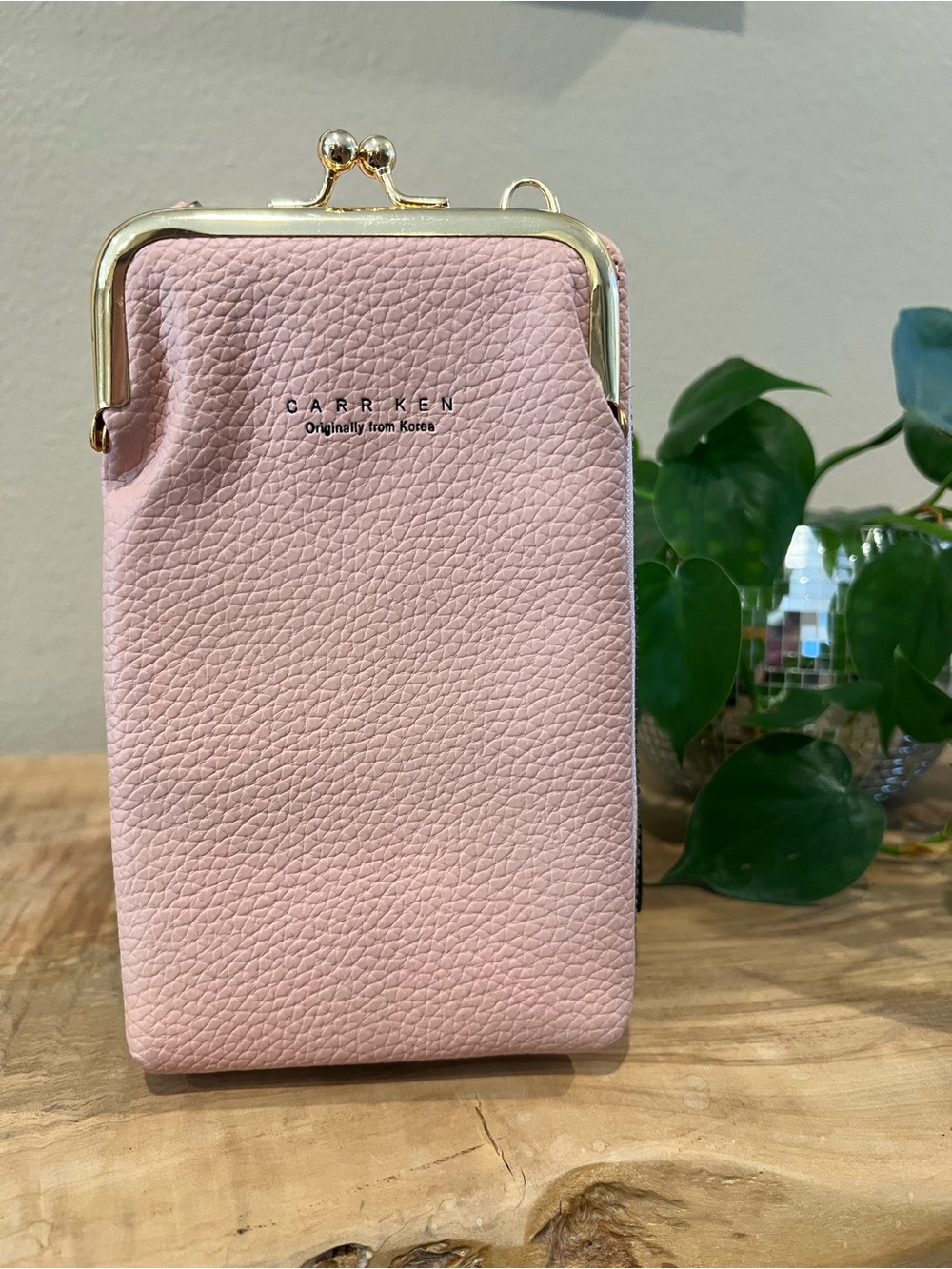Carr Ken Pink Pebbled Leather Phone Wallet with Gold Frame